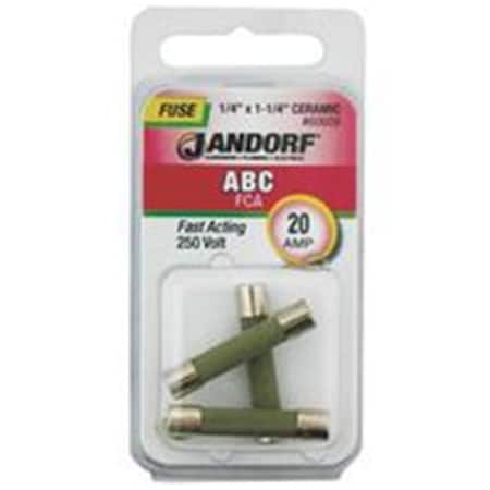 Jandorf Ceramic Fuse, ABC Series, Fast-Acting, 20A, 250V AC 3397635